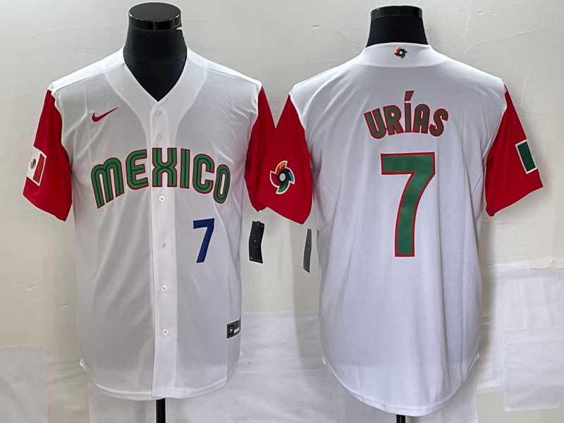 Men%27s Mexico Baseball #7 Julio Urias Number 2023 White Red World Classic Stitched Jersey49
